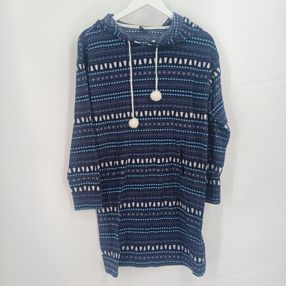 Cynthia Rowley Blue Fair Isle Knit Hooded Sweater Dress Womens Large Long Sleeve